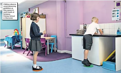  ??  ?? MARCH
Children observe social distancing guidelines as they queue to wash hands at Kempsey Primary School in Worcester