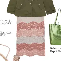  ??  ?? Falda de encaje, Sisley (79,95 €). Sandalias rosas, Lodi (125 €). Bolso metalizado, Esprit (129,99 €).