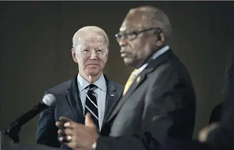  ?? Drew Angerer Getty Images ?? REP. JAMES E. CLYBURN endorses Joe Biden in North Charleston, S.C. Clyburn has a major get-out-the-vote operation in the state.
