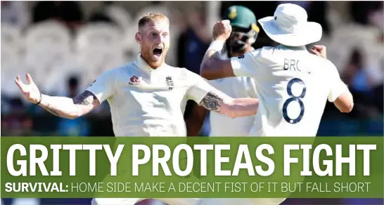  ?? Picture: Gallo Images ?? YES PLEASE. England fast bowler Ben Stokes celebrates with team-mate Stuart Broad after taking the wicket of Proteas batsman Anrich Nortje on the fifth day of the second Test at Newland yesterday.