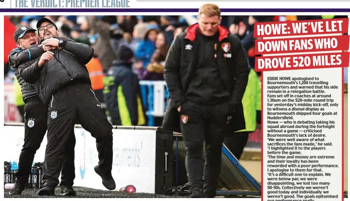  ?? AFP ?? The glory and the despair: David Wagner is grabbed by assistant Christoph Buhler but Eddie Howe is left to rue defeat