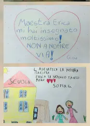  ??  ?? La protesta e la solidariet­à
Sopra, due disegni a sostegno di una maestra a rischio licenziame­nto. A destra, un cartellone all’uscita delle elementari Collodi di San Massimo