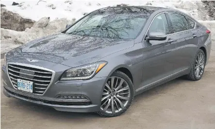  ?? PHOTOS: CHRIS BALCERAK/ DRIVING ?? The 2015 Hyundai Genesis 5.0 AWD competes with the big boys with a base price of $ 62,000.