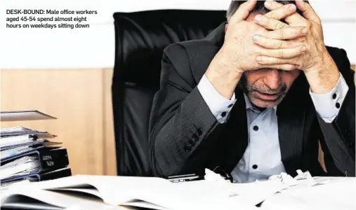  ??  ?? DESK-BOUND: Male office workers aged 45-54 spend almost eight hours on weekdays sitting down