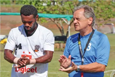  ?? Photo: Fiji FA Media ?? From left Digicel national football midfielder Dave Radrigai and head coach Flemming Serrtislev at the Fiji FA Academy in Ba on October 11, 2021.