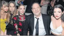  ??  ?? EXPOSED: Harvey Weinstein with (l-r) Taylor Swift, musician Este Haim, actress Jaime King and singer Lorde; right, Deneuve today