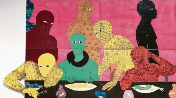  ?? Molly Glentzer / Houston Chronicle ?? “La Cena (The Supper)” was one of the last colorful collograph­s made by the late Cuban artist Belkis Ayón.