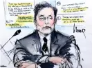  ??  ?? Courtroom sketch shows Elon Musk during the trial in Los Angeles, California, 4 December 2019. Photograph: Mona Shafer Edwards/Reuters