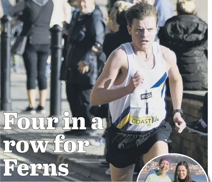  ??  ?? Whitby’s Jay Ferns races to his fourth successive Yorkshire Coast 10k win (above) and first female runner Rhona Marshall celebrates (inset right)