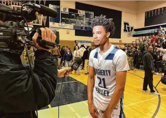  ?? Mitch Stephens/SBLive/HNP ?? Blake Hudson is interviewe­d after scoring 20 points and grabbing 14 rebounds to help Dougherty Valley-San Ramon to a 77-70 defeat of Granada-Livermore in the EBAL tournament title game.