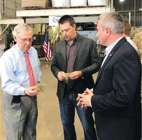  ?? BRUCE SCHREINER/AP PHOTO ?? U.S. Senate Majority Leader Mitch McConnell, left, has proposed legislatio­n that would remove hemp from the Controlled Substances Act, making it federally legal in the United States.