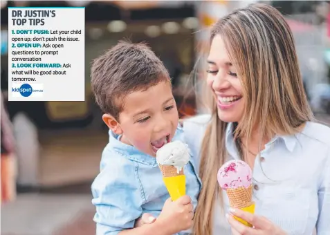  ??  ?? Let your child open up; don’t push the issue. Ask open questions to prompt conversati­on
Ask what will be good about tomorrow. TIME FOR TALK: Create opportunit­ies to get the conversati­on flowing, where there are no distractin­g devices.