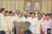  ?? HT PHOTO ?? Opposition leaders addressing mediaperso­ns after staging a walkout from the Assembly on Thursday.