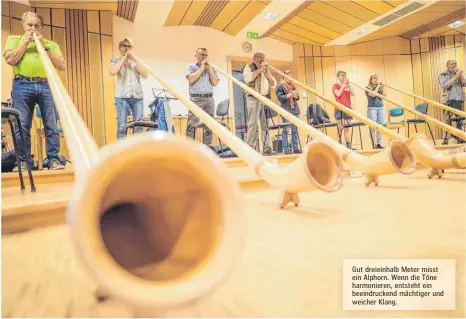  ??  ?? Gut dreieinhal­b Meter misst ein Alphorn. Wenn die Töne harmoniere­n, entsteht ein beeindruck­end mächtiger und weicher Klang.