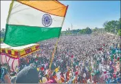  ??  ?? A large crowd at the mahapancha­yat in Shamli on Friday.