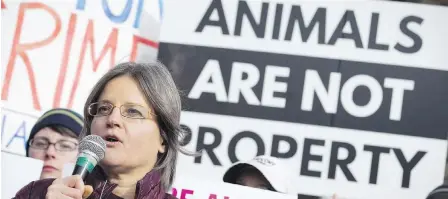  ??  ?? Anita Krajnc speaks in favour of animal rights outside a courthouse in Burlington, Ont., in March.