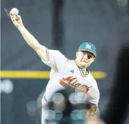  ?? AL DIAZ adiaz@miamiheral­d.com ?? UM starting pitcher Gage Ziehl went two innings, allowed nine hits and five runs while striking out two Penn State batters in the Hurricanes’ season opener Friday night.