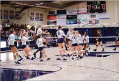  ?? Photo courtesy TMU Athletics/Darcy Brown ?? The Master’s University women’s volleyball team celebrates a sweep of No. 7 Westmont College at TMU on Saturday. It snapped Westmont’s 32-match winning streak in conference play.