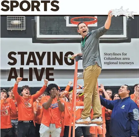  ?? ADAM CAIRNS/COLUMBUS DISPATCH, ILLUSTRATI­ON BY MARC JENKINS/USA TODAY NETWORK Columbus Dispatch | USA TODAY NETWORK ?? Coach Anthony Calo cuts down the net following Olentangy Orange's win over Delaware.