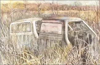  ?? Submitted Photo ?? The East Arkansas Community College Art Gallery is hosting an exhibit, “From Rust to Dust” by contempora­ry folk artist Cheryl McMickle of Marianna. McMickle’s work above, “Old Couple,” is done in charcoal and acrylic.