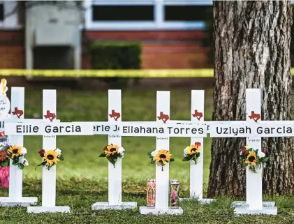  ?? CHANDAN KHANNA/GETTY-AFP ?? Crosses adorn a makeshift memorial May 26 for the shooting victims at Robb Elementary School in Uvalde, Texas.