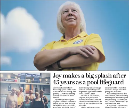  ??  ?? Top, Joy Cunningham after 45 years as a lifeguard; above, Joy with swimmers at Ponds Forge in 2004.