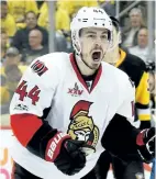  ?? KIRK IRWIN/GETTY IMAGES ?? Ottawa Senators’ forward Jean-Gabriel Pageau celebrates after teammate Mark Stone scored a goal against the Pittsburgh Penguins during the second period in Game 7 of the Eastern Conference Final during the 2017 NHL Stanley Cup Playoffs at PPG PAINTS...