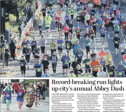  ??  ?? Runners, some in fancy dress, joined profession­al athletes, novices and some famous faces in Leeds for the annual Age UK Abbey Dash.