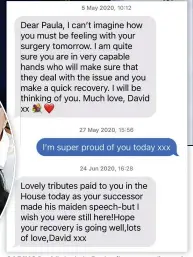  ?? ?? David’s texts to Paula after cancer diagnosis