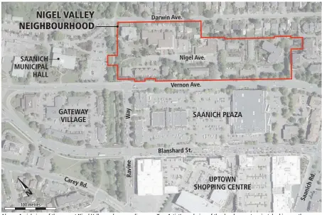  ?? TIMES COLONIST , CAPITAL REGIONAL DISTRICT | CALUM SRIGLEY DESIGN CONSULTANT LTD. AND B.C. HOUSING MANAGEMENT COMMISSION ?? Above: Aerial view of the current Nigel Valley and surroundin­g area. Top: Artist’s rendering of the developmen­t project, looking south.