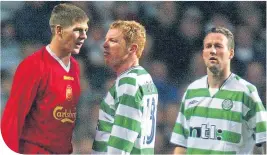  ??  ?? Steven Gerrard is ready to go head-to-head with Celtic, just as he did as a player, here with Neil Lennon and Paul Lambert