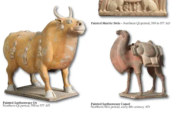  ??  ?? Painted Earthenwar­e Ox Northern Qi period, 550 to 577 AD Painted Marble Stele - Painted Earthenwar­e Camel Northern Wei period, early 6th century AD