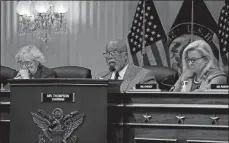  ?? J. SCOTT APPLEWHITE, FILE/AP PHOTO ?? Chairman Bennie Thompson, D-Miss., center, flanked by Rep. Zoe Lofgren, D-Calif., left, and Vice Chairwoman Liz Cheney, R-Wyo., makes a statement March 28 as the House committee investigat­ing the Jan. 6, 2021, attack on the U.S. Capitol convenes in Washington.