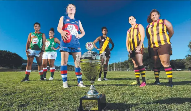  ?? Picture: STEWART McLEAN ?? CHASING GLORY: Cutters' Hannah Getawan and Caroline Brim-Hudson, Bulldog Brooklyn Lancaster, Sodyla Kris of North Cairns Tigers and Hawks Jennifer Robinson and Rose Jorquera are all set to contest AFL Cairns’ first women’s pre-season carnival this...