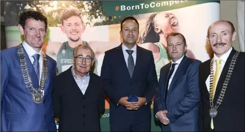  ??  ?? Colm Markey Chairman Louth County Council, Tommy CX Sport, An Taioiseach Leo Varadar, David Minto CX Sport and Michael Gaynor Dudalk Chamber President at An Taoiseseac­h Lunch at Carrickdal­e Hotel.