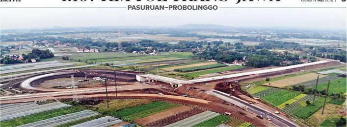  ?? GALIH/COKRO/JAWA POS ?? ARAH BANYUWANGI: Foto dari udara interchang­e tol Leces (ujung kanan) yang masih terhambat pembanguna­nnya karena terkendala pembebasan lahan. Foto diambil pada 3 Mei 2018.