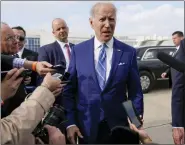  ?? CAROLYN KASTER — THE ASSOCIATED PRESS ?? President Joe Biden speaks to reporters before boarding Air Force One at Des Moines Internatio­nal Airport, in Des Moines Iowa, Tuesday, en route to Washington.