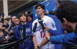  ?? Tribune News Service ?? Los Angeles Dodgers’ Shohei Ohtani (17) talks with media at Dodgerfest 2024, the official kickoff celebratio­n for the upcoming season, at Dodger Stadium.