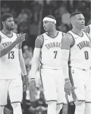  ?? MARK D. SMITH/USA TODAY SPORTS ?? The Thunder, including Paul George (13), Carmelo Anthony (7) and Russell Westbrook (0), were 12-14.