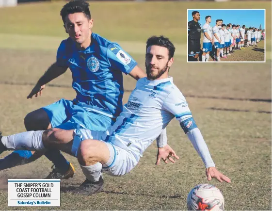  ??  ?? Palm Beach's Joshua Mussell battles Surfers Paradise’s Bruno Rodriguez, and (inset) Apollo players observe a minute’s silence before kick off. Pictures: GLENN HAMPSON