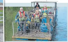  ?? ?? River Foss Society members Tim Rane, left, with Louise Woodall and Barry Thomas aboard Foxy, York Council’s boat which they use for litter picking. This was the first litter pick of the year during the York Walls Festival. They retrieved seven trolleys, seven bikes, a sign and many small litter bags.