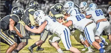  ?? Courtney Couey, Ringgold Tiger Shots ?? The Ringgold offensive line of Levi Gunn (53), Myles Hudson (69), Jaden Parks (73), Clint Carlock (60) and Logan Goldsmith (63) provide the blocking during Friday’s game at Rockmart.