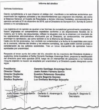  ??  ?? El acta asambleari­a de Survycon SA. Aquí se pueden observar las firmas de Justo Ferreira y Gerardo Alvarenga como accionista­s.