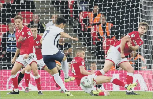  ?? PICTURE: JONATHAN BRADY/PA WIRE ?? THWARTED: Tottenham Hotspur’s Son Heung-Min has a shot blocked by Barnsley’s Joe Williams during last night’s League Cup tie at Wembley.