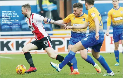  ?? PICTURES: PSI/Antony Thompson ?? MANHANDLED: Mansfield’s Alex MacDonald gets to grips with Cheltenham’s Carl Winchester