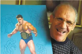  ?? Gene J. Puskar / Associated Press 2000 ?? Former pro wrestler Bruno Sammartino, 65, poses with a painting of him in his prime weighing 275 pounds in 1965 at age 35, in his Pittsburgh home.