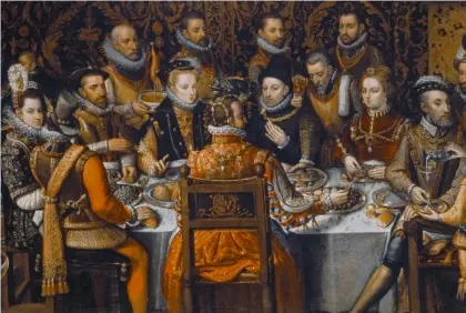  ?? ?? Le Banquet des monarques de la maison d'Autriche, de Alonso Sanchez Coello (1531-1598). Charles Quint, son fils, Philippe II d'Espagne (1527-1598) avec son épouse Anne d'Autriche (1549-1580), et l'infante Isabelle d'Autriche (1566-1633).