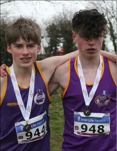  ??  ?? Myles Hewlett and Ben Wall of United Striders, who were seventh and eighth respective­ly in the U-15 Boys 3,500 metres at the national championsh­ips in Navan.