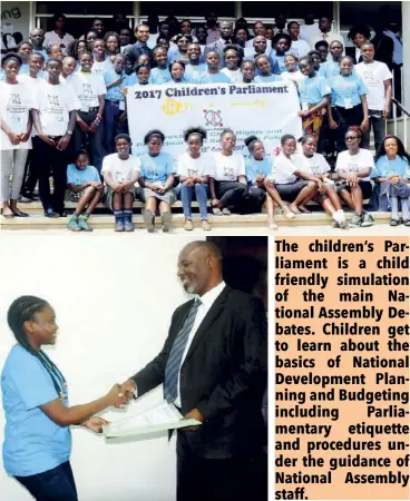  ??  ?? The children’s Parliament is a child friendly simulation of the main National Assembly Debates. Children get to learn about the basics of National Developmen­t Planning and Budgeting including Parliament­ary etiquette and procedures under the guidance of...