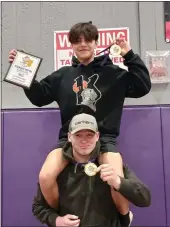  ?? COURTESY PHOTO ?? Kelseyvill­e's Travis Boyles (top) won the 108-pound weight division and was named outstandin­g lightweigh­t while teammate Triton Marlowe won the 220-pound weight class Saturday at the Redwood Empire Classic in Ukiah.